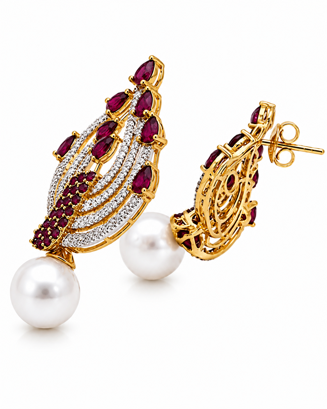 Ruby radiance pearl drop motif stud earrings