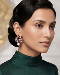 Ruby radiance pearl drop motif stud earrings