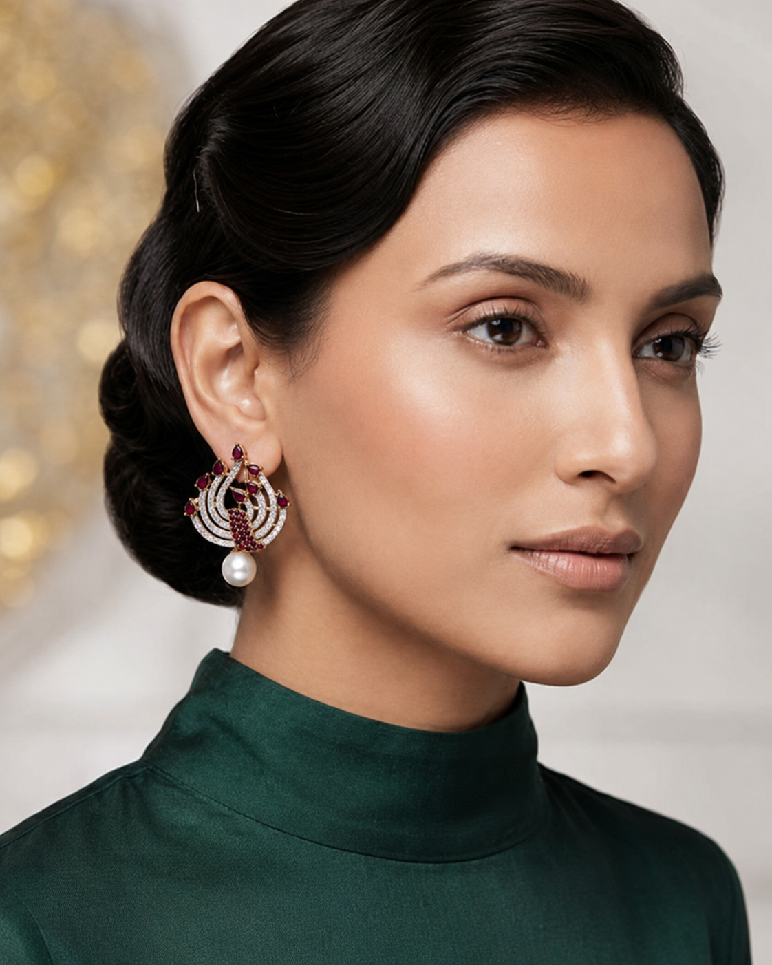 Ruby radiance pearl drop motif stud earrings
