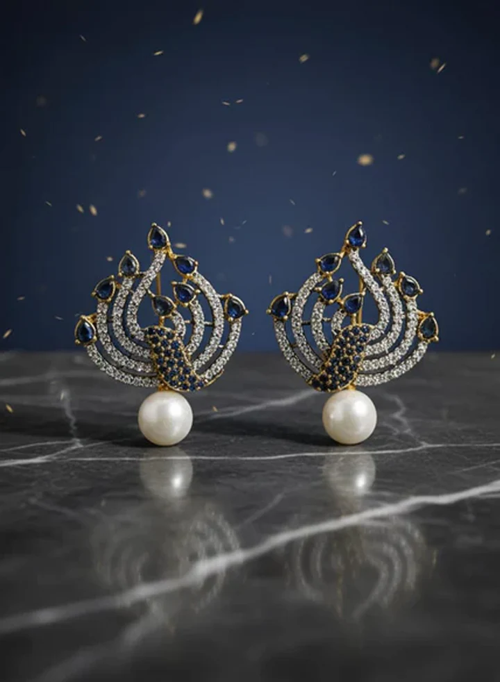 Pearl Drop Peacock Motif Stud Earings